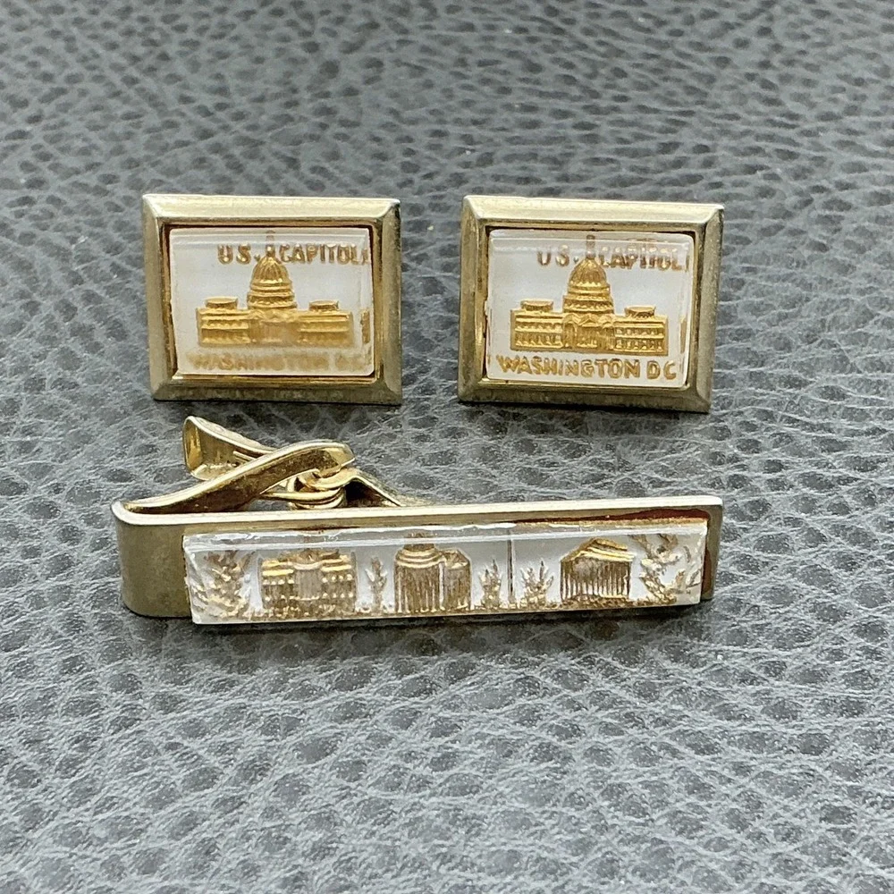 Vintage Washington DC US Capitol Cufflinks Tie Clip Set Gold Tone Mens Souvenir